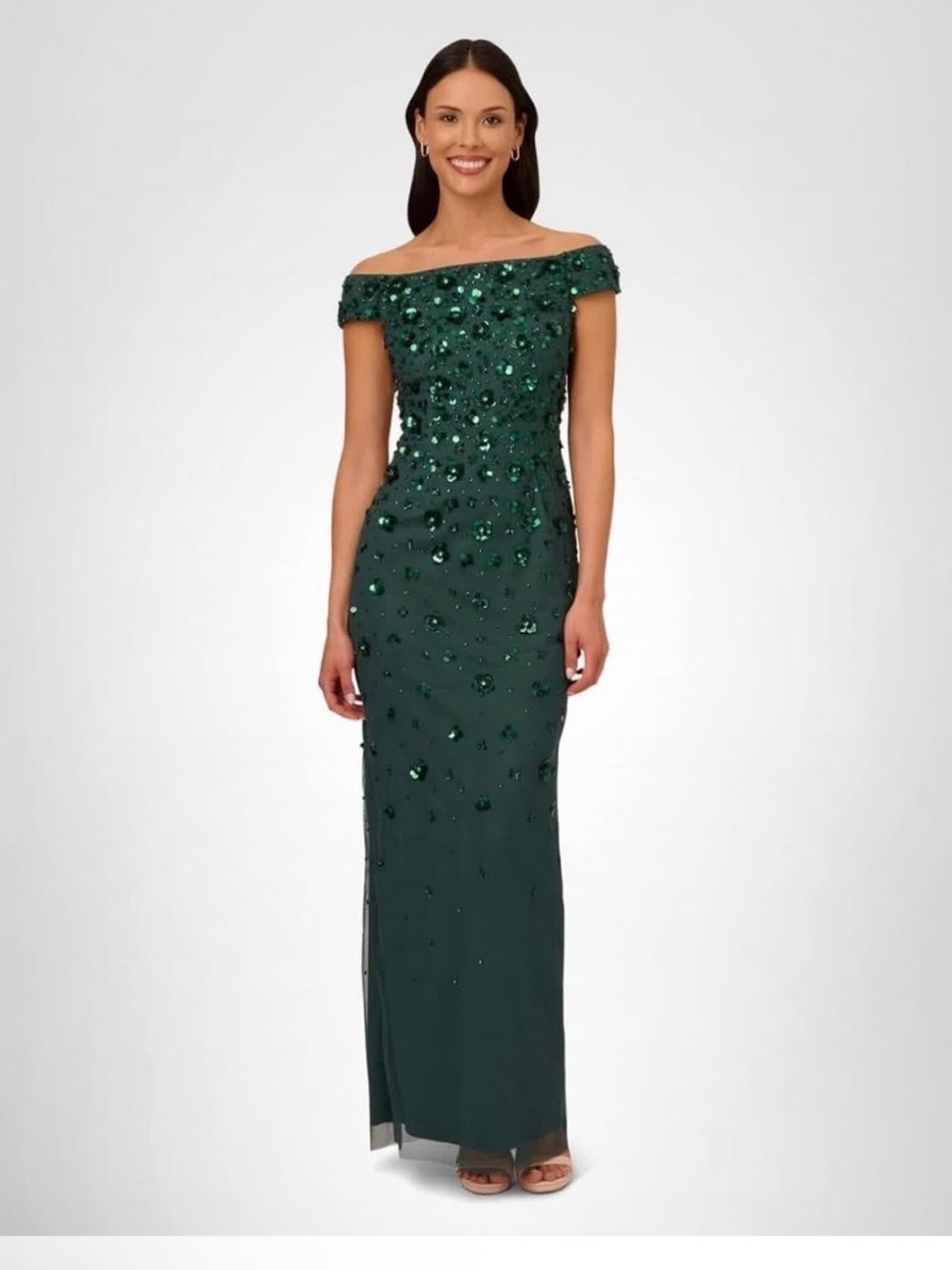 Adrianna Papell SZ 4 NWT Emerald Green Sequin Off Shoulder Formal Gown GALA MOB